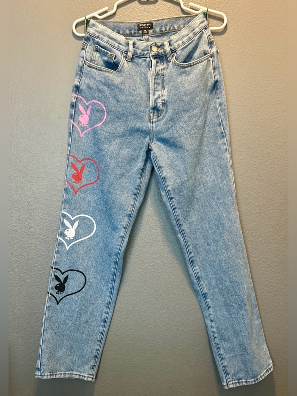 PLAYBOY By PacSun Size 26 Baggy Bunny Heart Jeans ‘90s High Rise Blue Y2K Retro